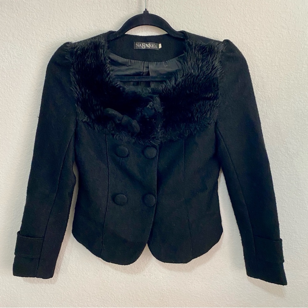 Nadasha Black Faux Fur Trim Cropped Jacket Blazer Goth Academia‎